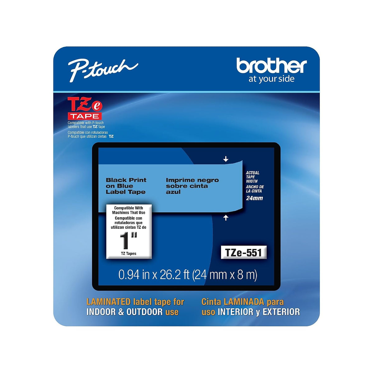 Brother Genuine P-touch, TZe-551CS, 0.94” x 26.2’, Black on Blue Laminated Label Tape