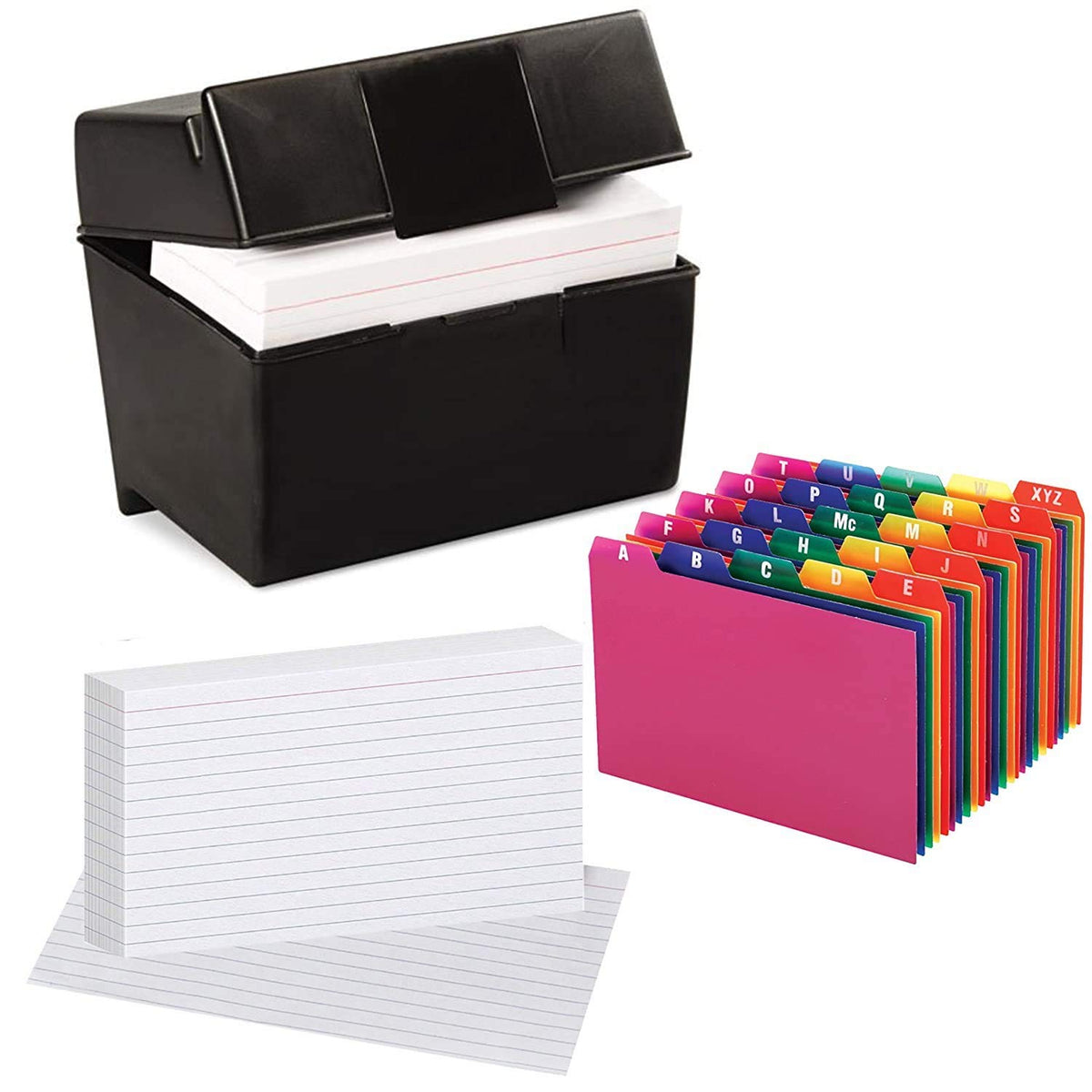 Plastic Index Card Holder, Flip Top File Box Holds 300 4 x 6 Cards, Matte Black, with Poly Card