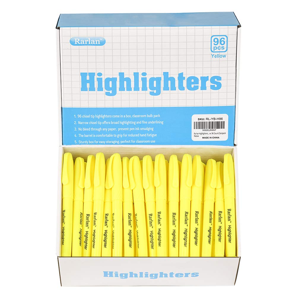 Rarlan Fluorescent Yellow Highlighters, Chisel Tip, 96 Count Bulk Pack