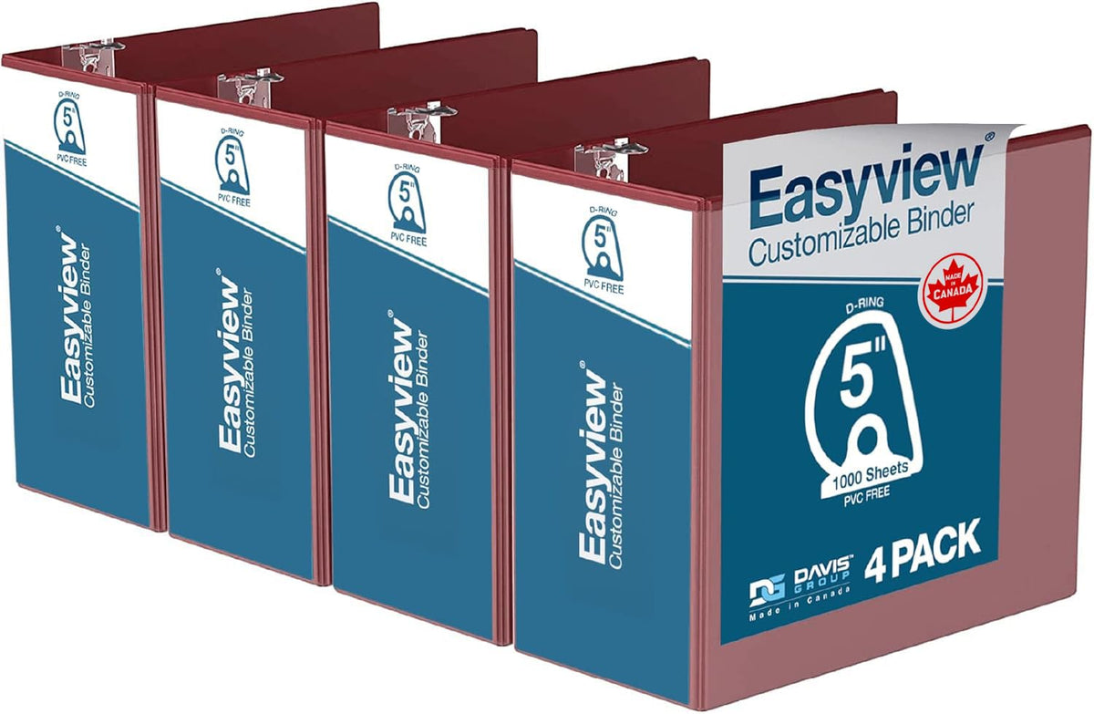 Easyview 3-Ring Binder, Clear-View Cover, 5" D Rings, Burgundy, 4 Pack