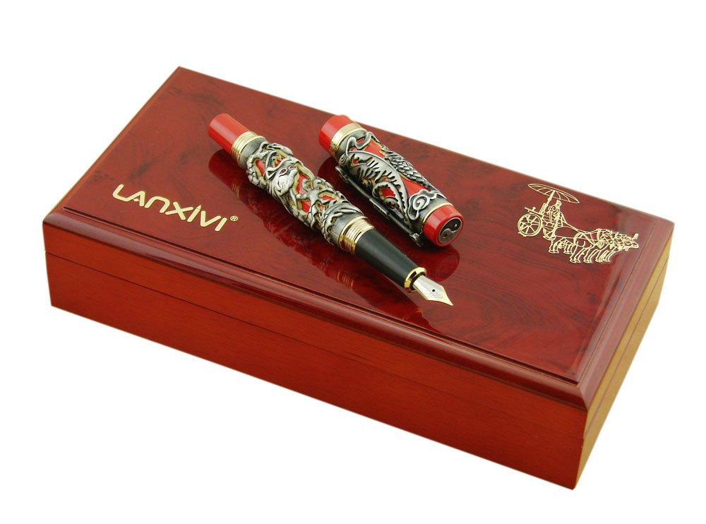 Jinhao Dragon Phoenix 3D Embossment Gray Red Fountain Pen Fine Nib Chinese Ruyi Clip Wooden Gift Box