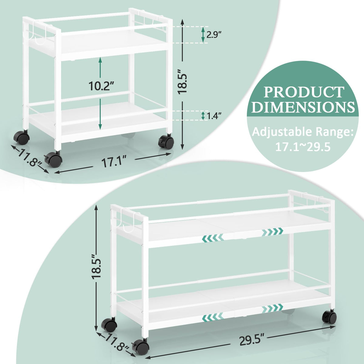 2-Tier Expandable Rolling Pantry Cart with Wheels, Adjustable Floor Organizer for Kitchen Pantry