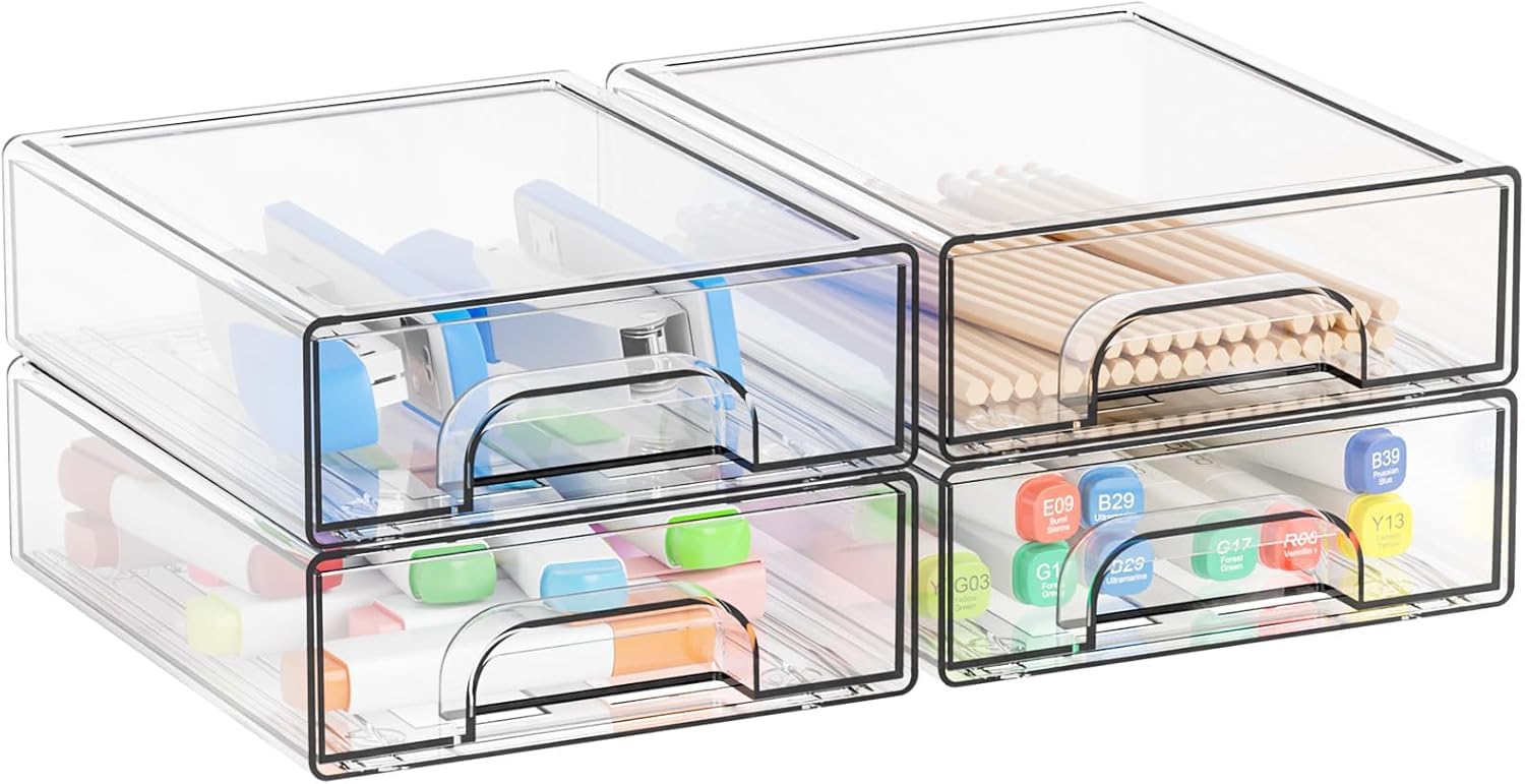 Yieach 2.2'' High Small Clear Stackable Storage Drawers,4 Pack Desk Organization and Storage