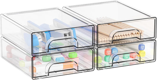 Yieach 2.2'' High Small Clear Stackable Storage Drawers,4 Pack Desk Organization and Storage