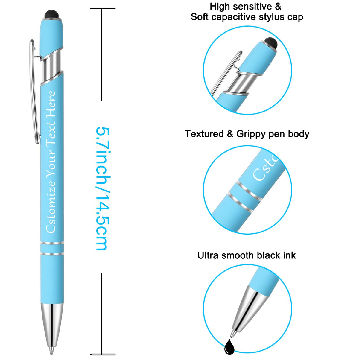 Kingluu 12 Pcs Personalized Ballpoint Pens with Stylus,Smooth Writing,Black Ink Custom Pens with