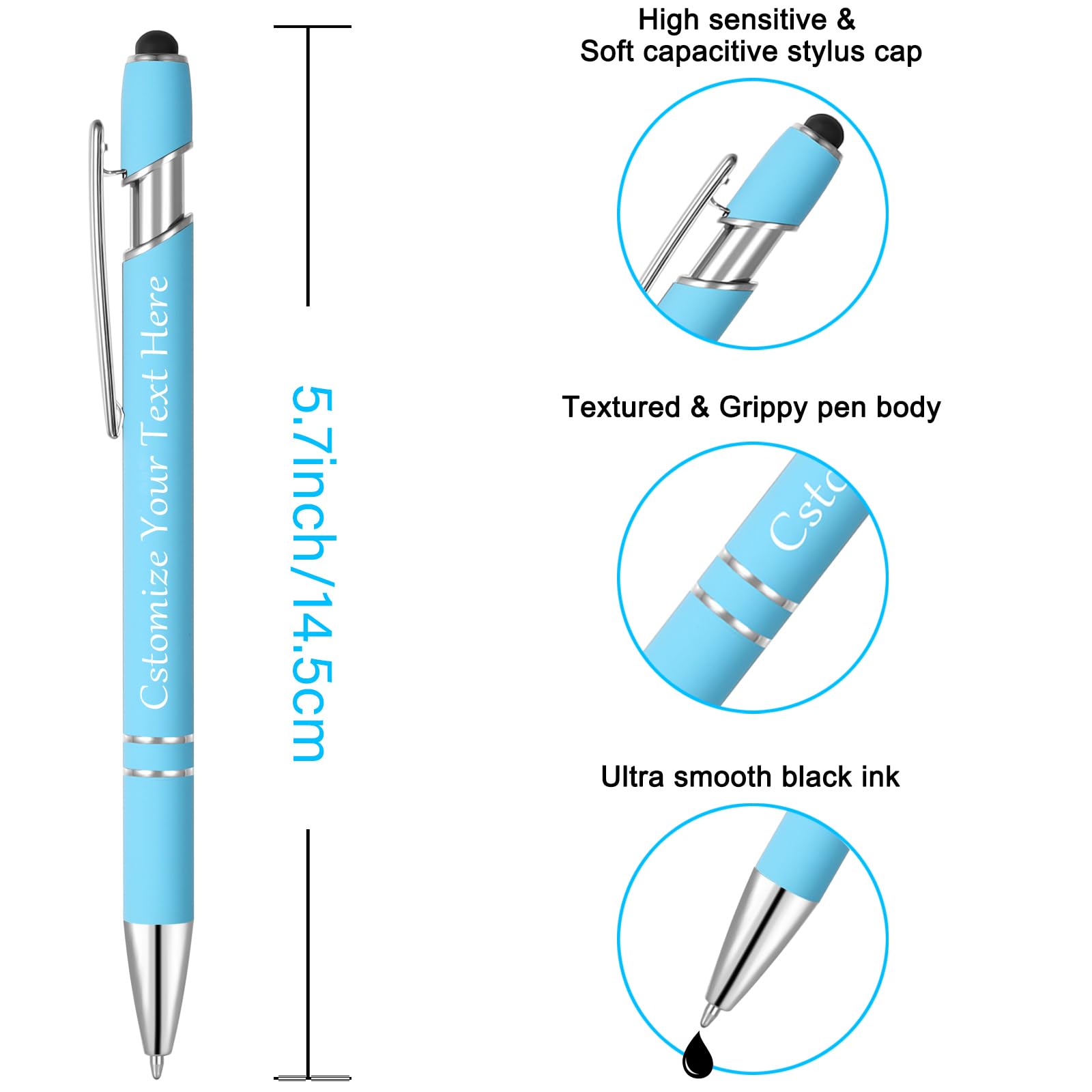 Kingluu 12 Pcs Personalized Ballpoint Pens with Stylus,Smooth Writing,Black Ink Custom Pens with