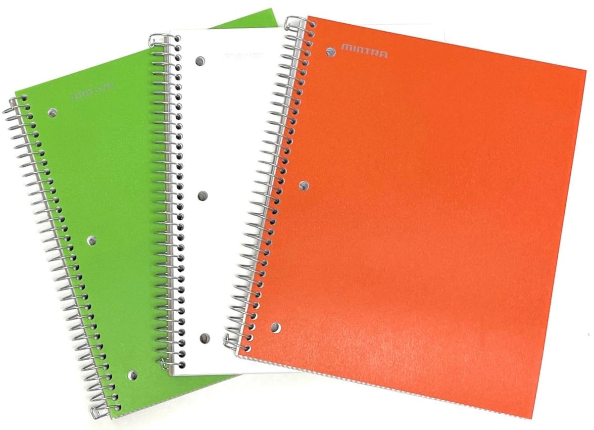 Mintra Office Durable Spiral Notebooks, 3 Subject (Green, White, Orange, Wide Ruled 3pk)
