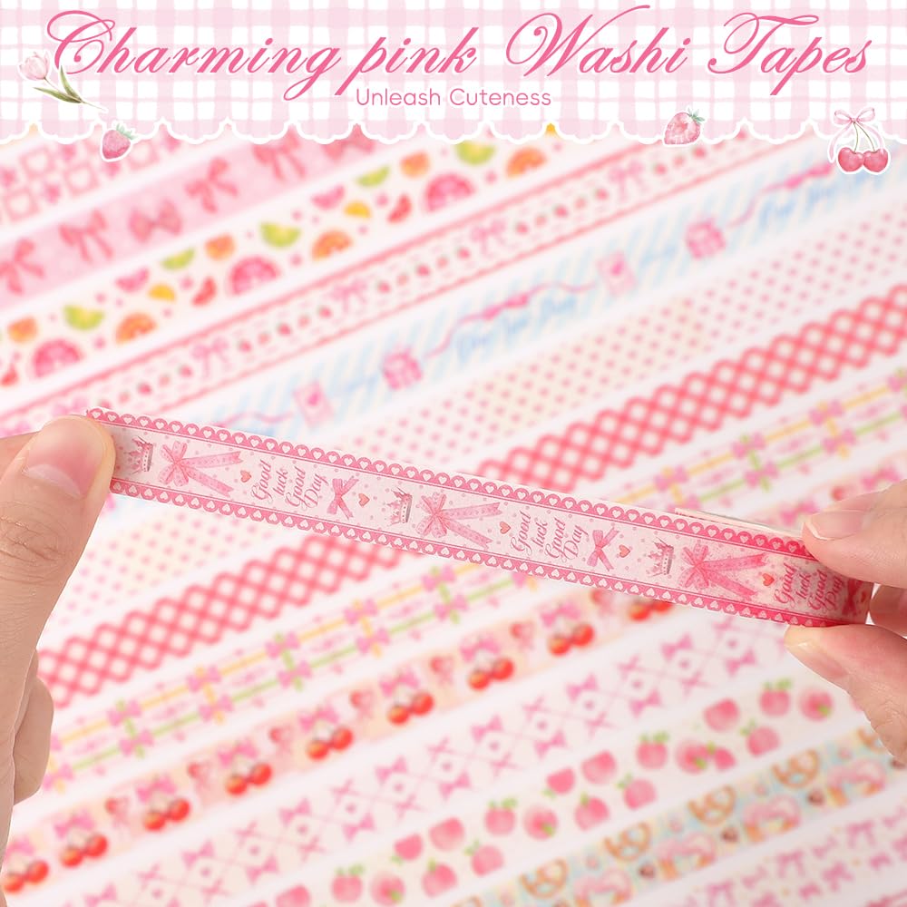 icceemee 36 Rolls Sweet Pink Theme Washi Tape Set with Different Colorful Patterns, Writable