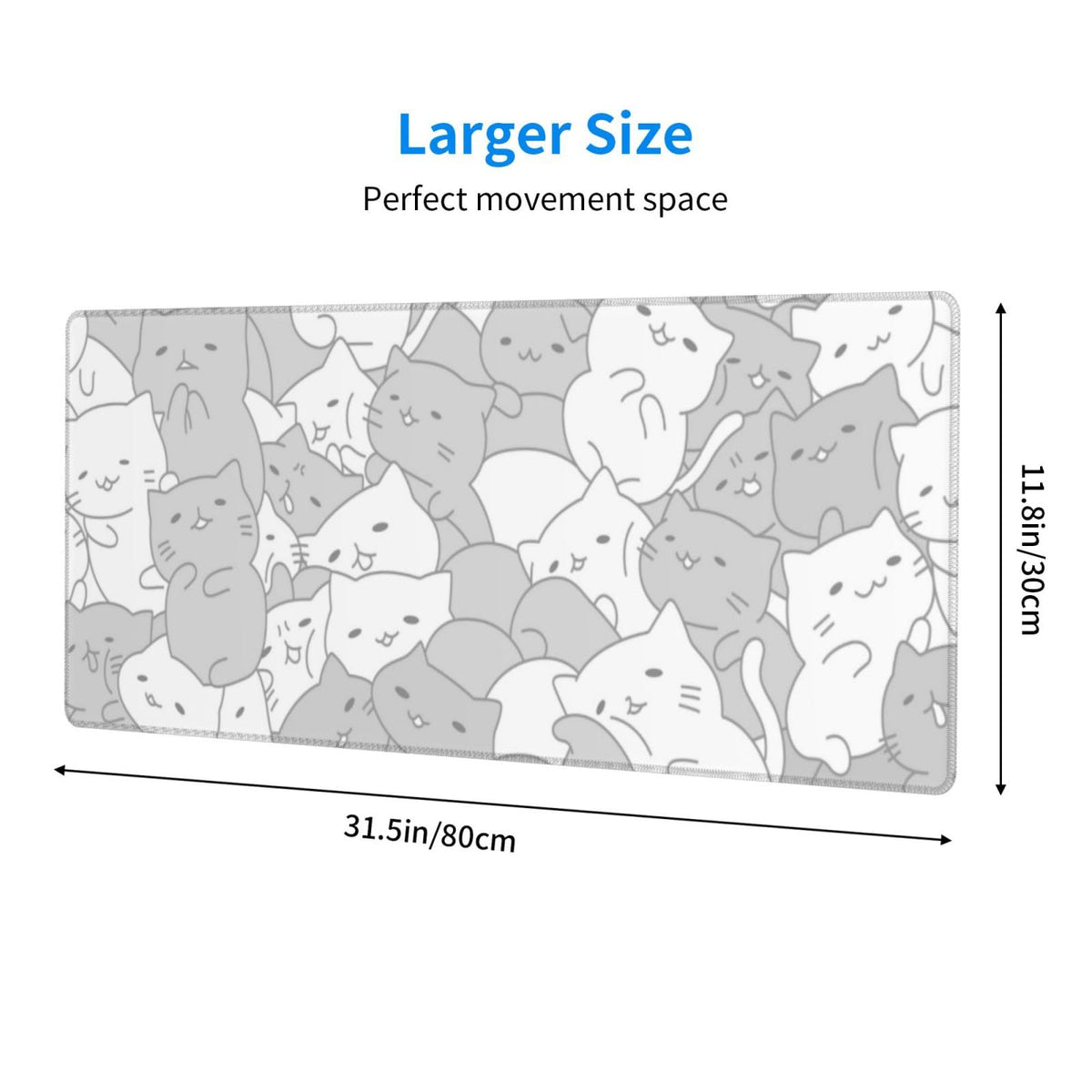 White Kawaii Cats E-Sport Mouse Pad Large Desk Mat Non-Slip Rubber Base Stitched Edge Keyboard