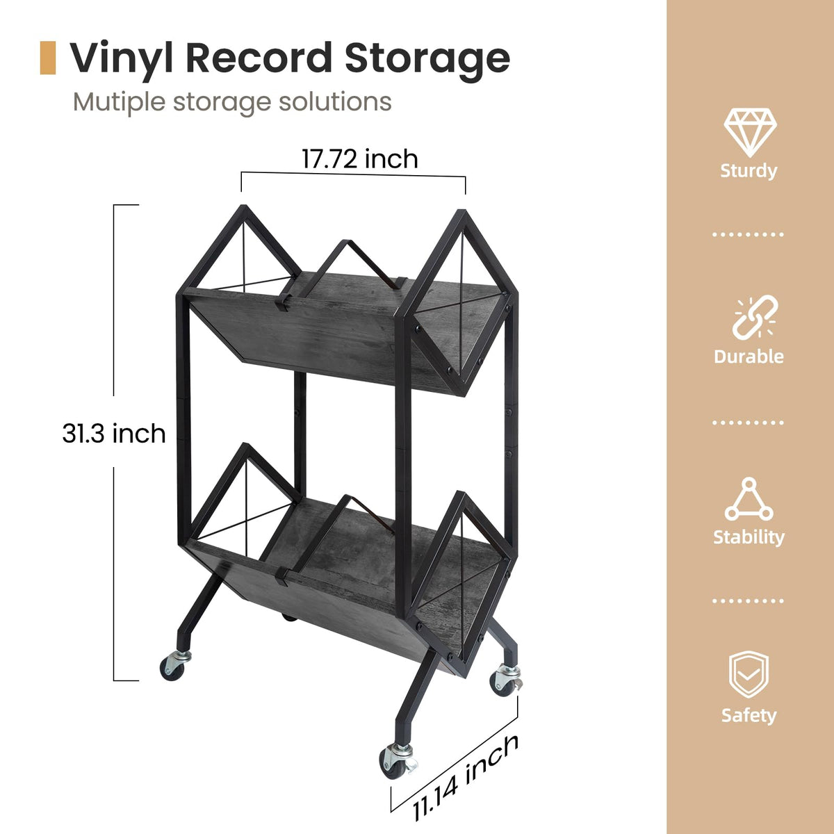 SwaaVee Vinyl Record Storage Holder with Wheels, 2-Tier Record Holder 160-200 LP with Dividers