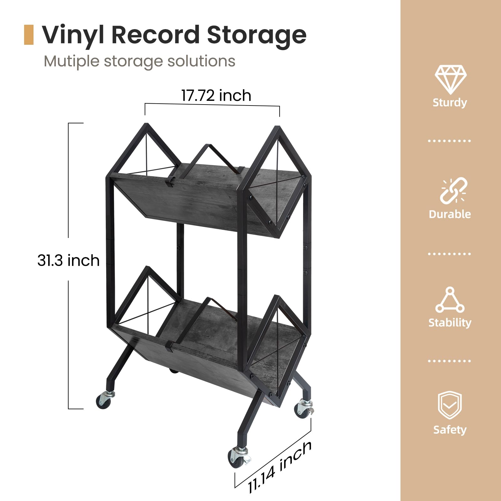 SwaaVee Vinyl Record Storage Holder with Wheels, 2-Tier Record Holder 160-200 LP with Dividers