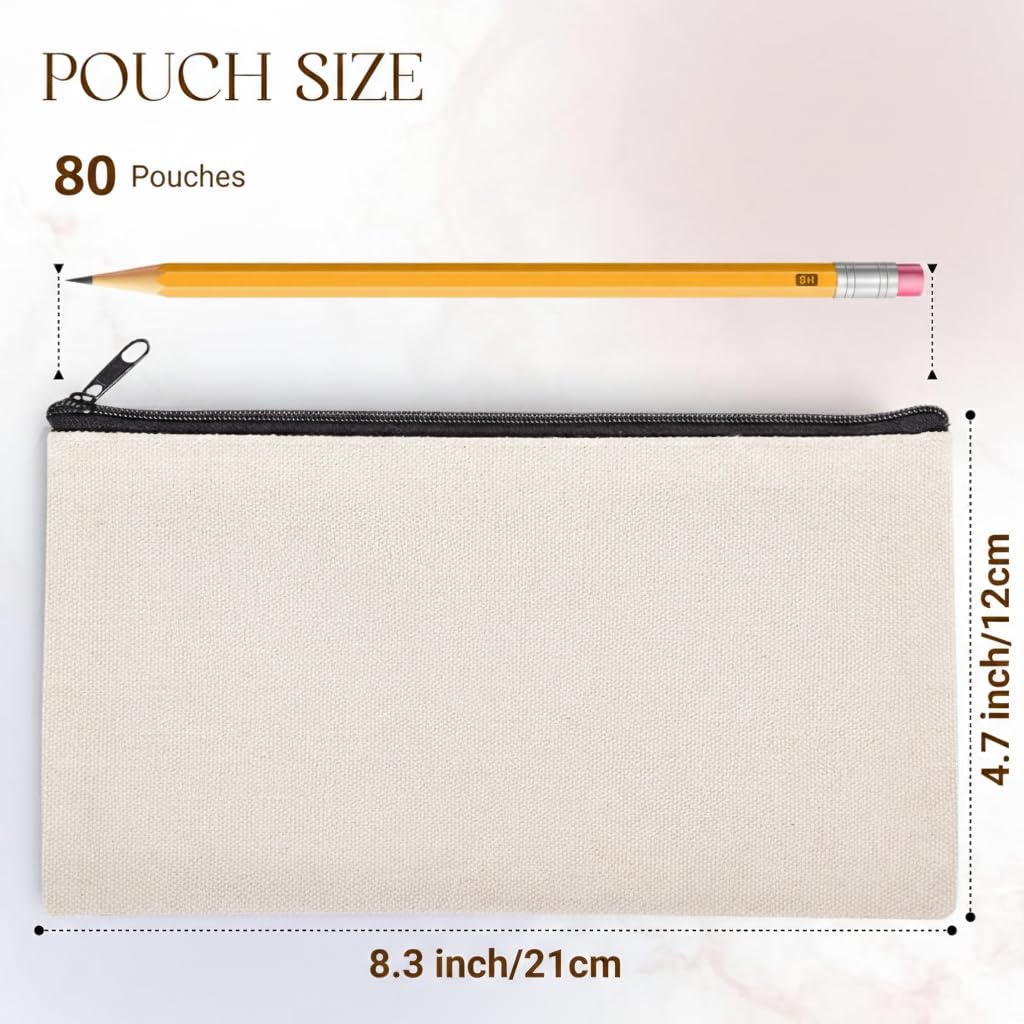 80pcs Blank canvas Zipper Pouch Makeup Bags Bulk, Smooth Zipper Pencil Case