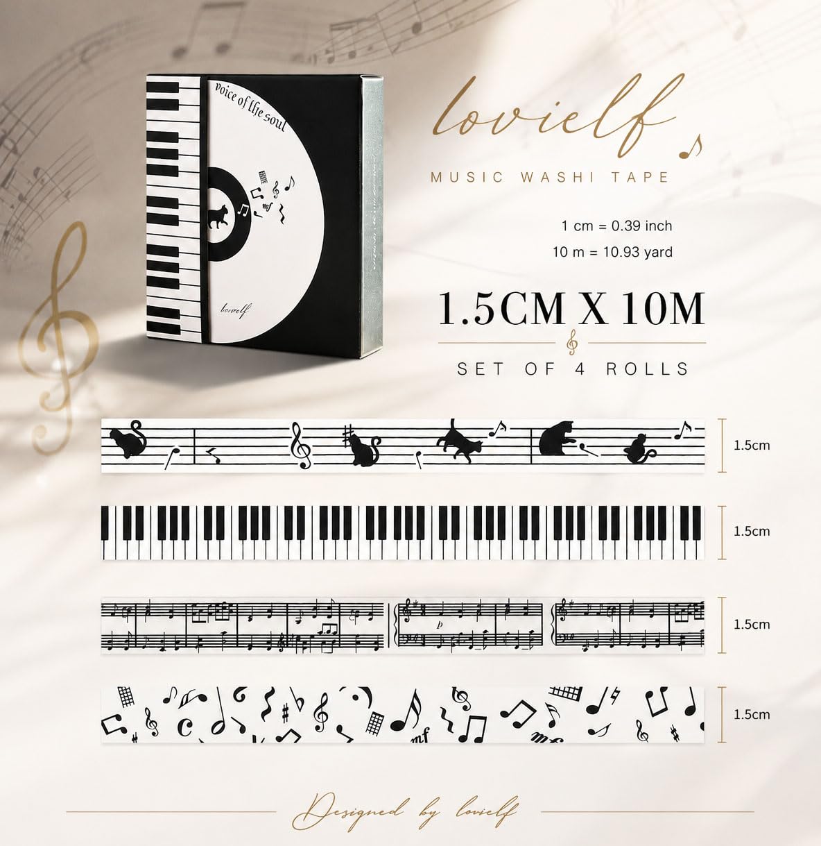 lovielf Black and White Piano Note Melody Keyboard Cat Staff Stave Score Music washi Tape Set of 4