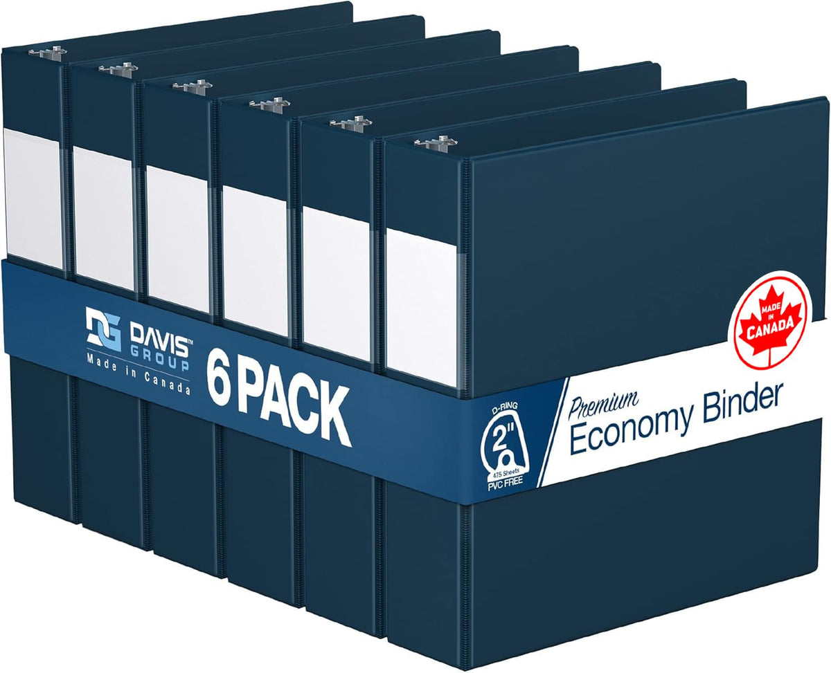 Premium Economy 3-Ring Binder, Spine Label, 2" D Rings, Navy Blue, 6 Pack