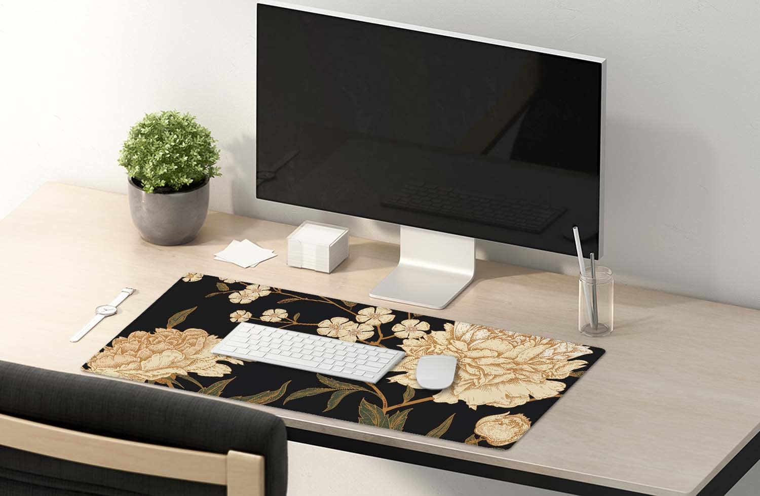 SSOIU White Peony Desk Pad, Beige Desk Protector, Green Desk Blotter, Floral Keyboard Mat, Extended