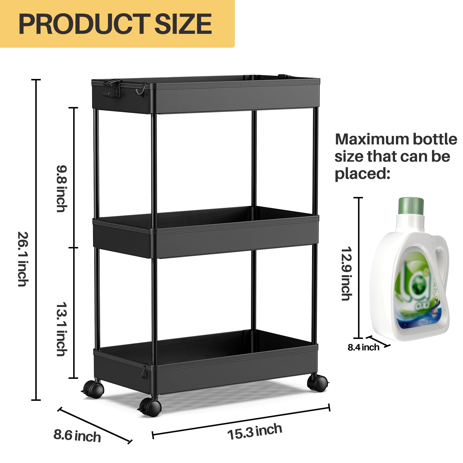 SPACEKEEPER 3 Tier Rolling Cart, Bathroom Cart Organizer with Wheels, Black