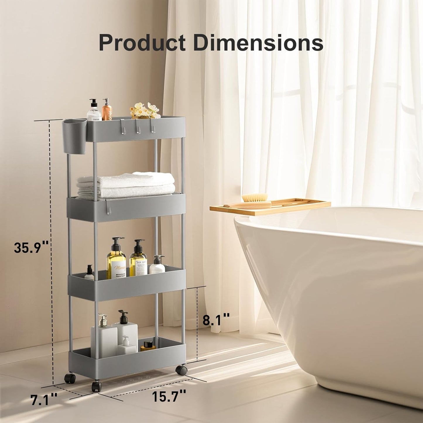 Pipishell 4 Tier Slim Storage Cart with Wheels, Laundry Cart, Gray