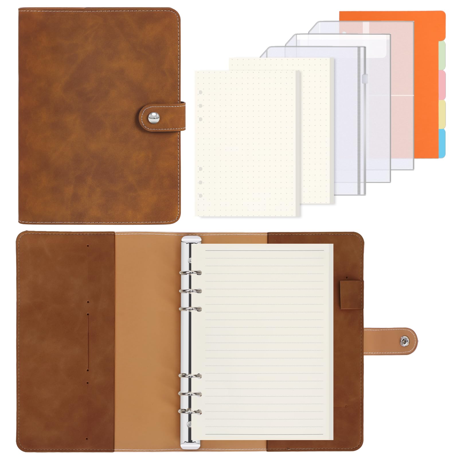 FYY A5 Binder 6 Ring - Refillable Planner Notebook 5.7”x8.3”, Brown