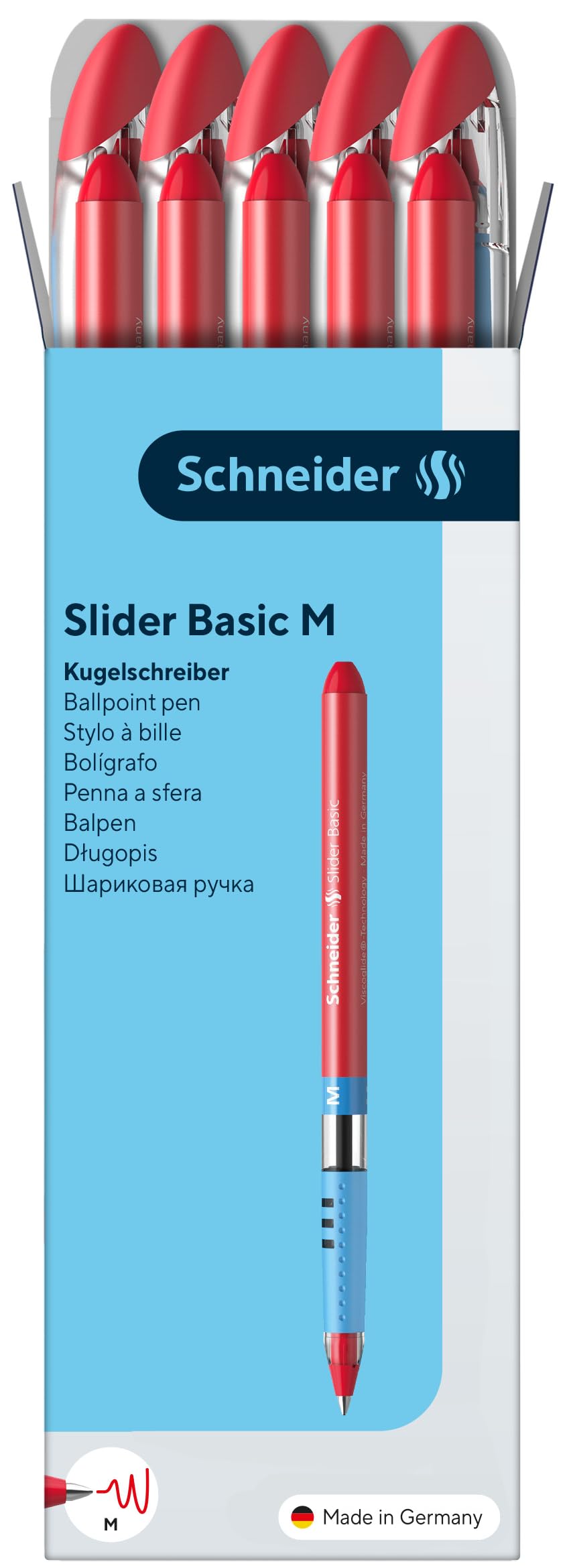 Schneider Slider Basic M (Medium) Ballpoint Pen, 1.0 mm, Light Blue Barrel, Red Ink, Box of 10 Pens