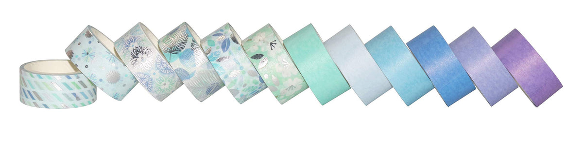 YUBBAEX 12 Rolls Blue Silver Washi Tape Set Masking Decorative Tapes (Blue Mix)