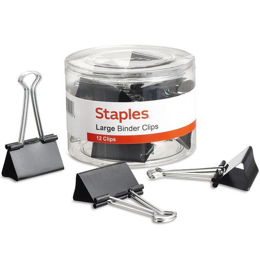 Staples Binder Clips, Large Size, 1 Inch Capacity, Black, 12-Pack