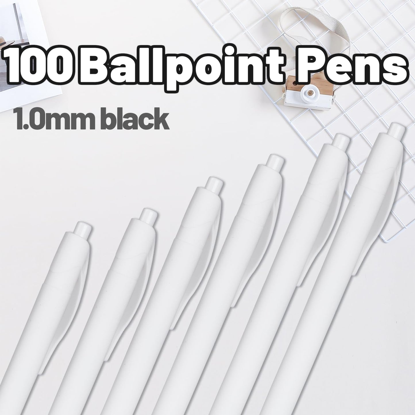 Wiaziert BallPoint Pens, 100 Pack (BLACK Ink),Bulk Pens, White Barrel,Click Pens for Office Home