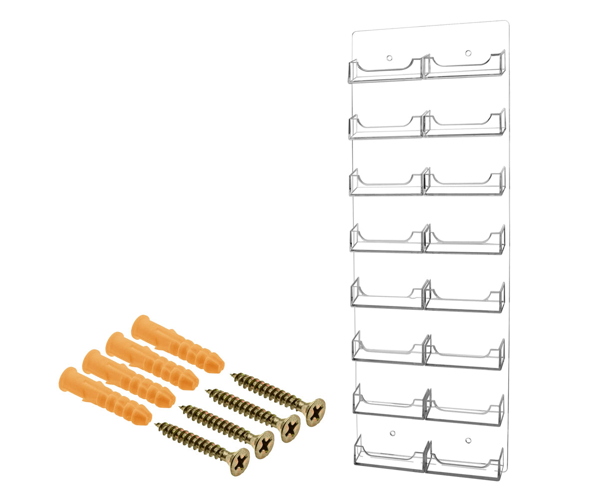Business Card Holder with Hanging Hardware 16 Pocket Holds 3.5" x 2" Cards Wall Mount Rack Clear