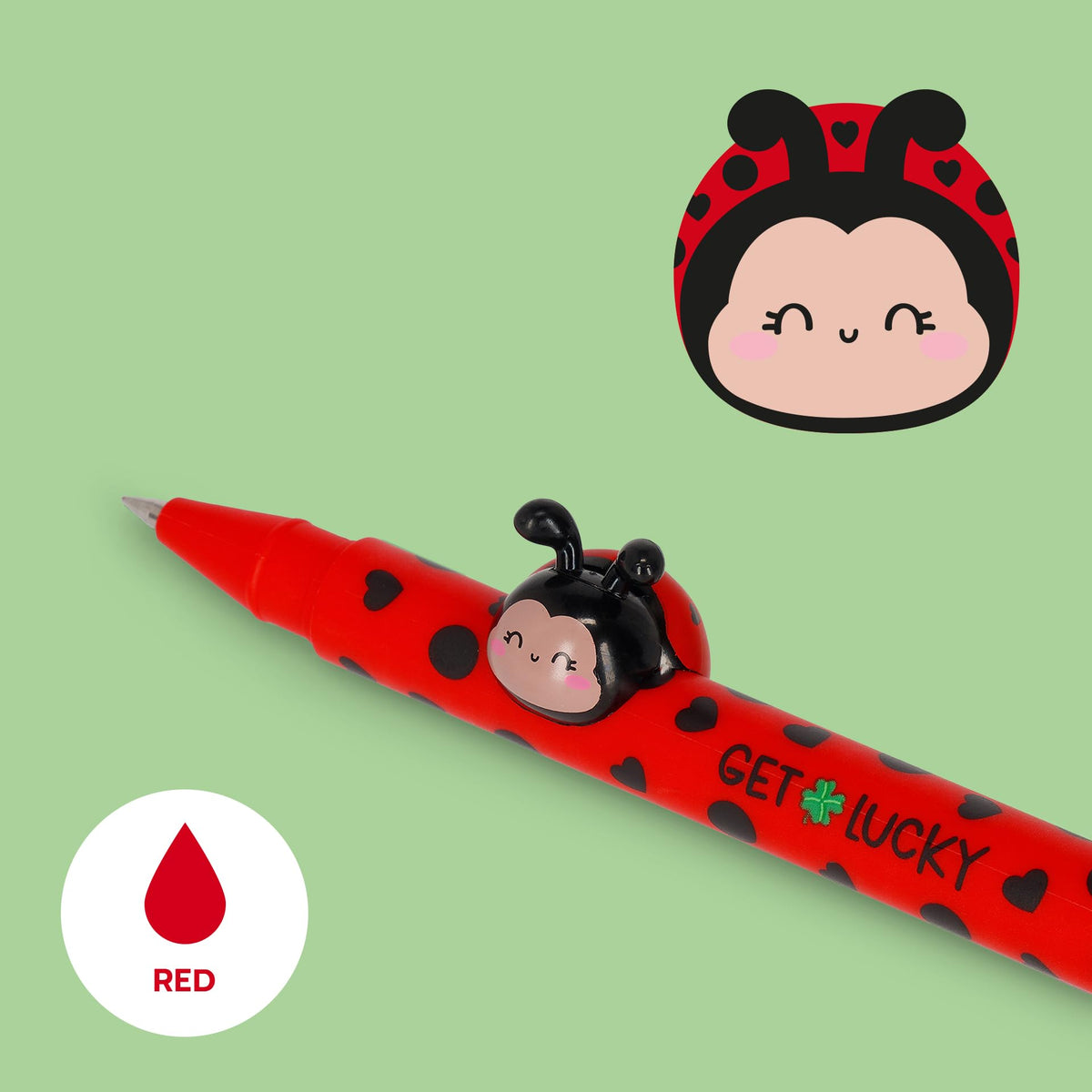 Legami - Gel Pen with Decorative Animal - Lovely Friends, Ladybug Theme, Avoid Rolling, Red Ink