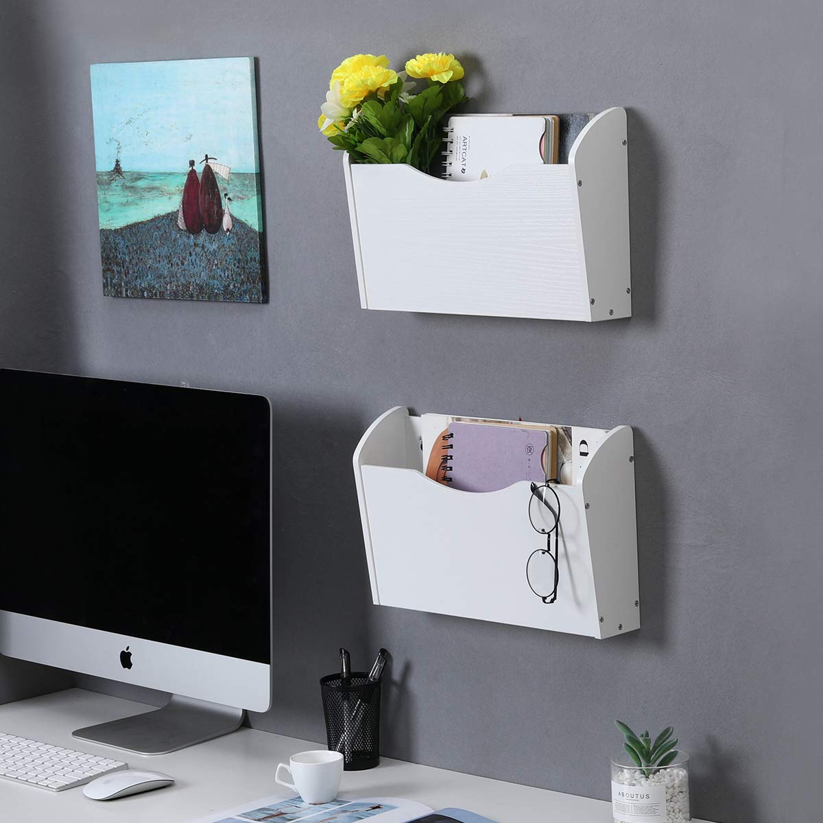 PAG-Mass Wall File Holder Wall Mounted Wood Hanging File Organizer for Office, 2 Pockets, White