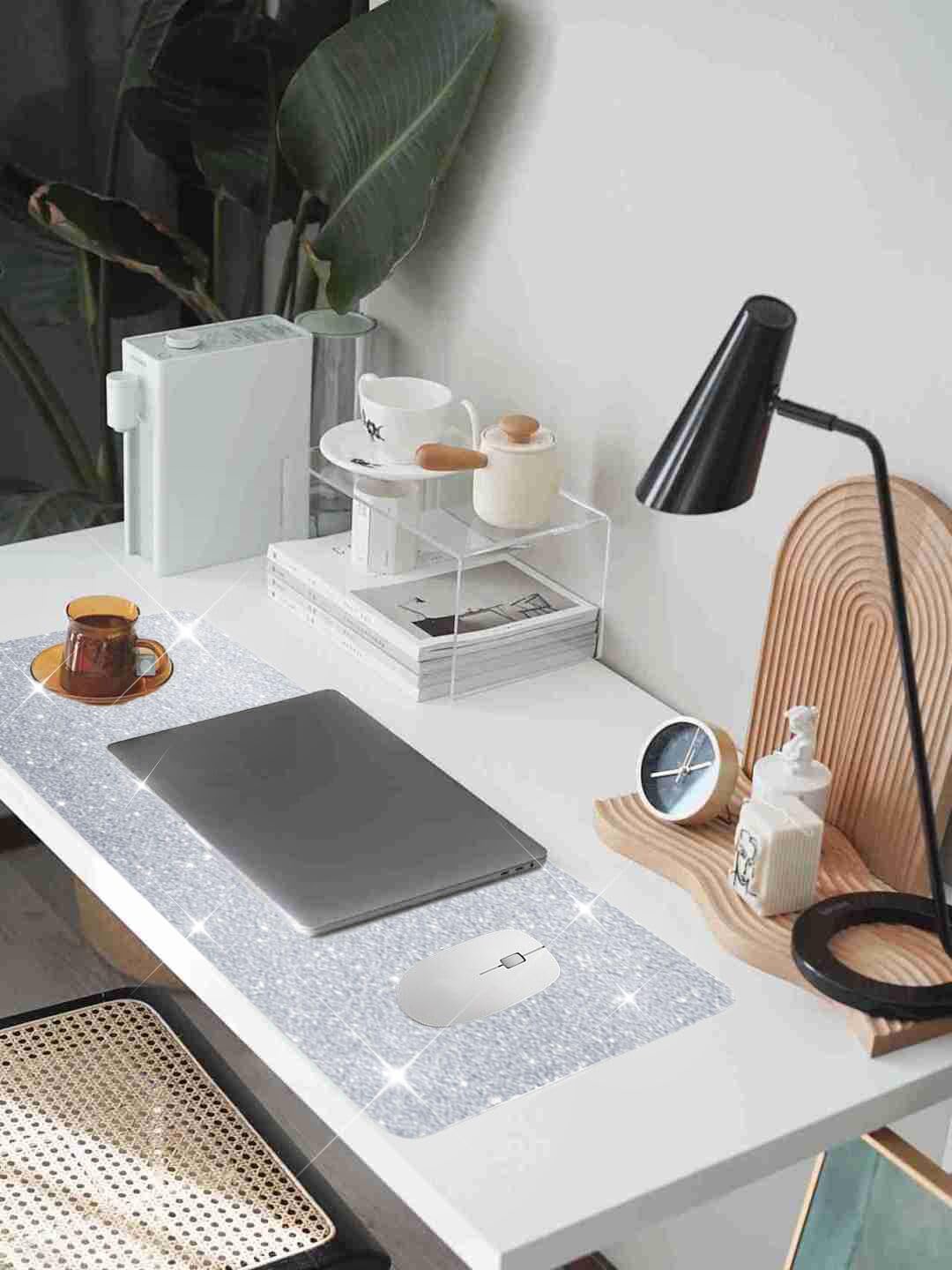 Silver Glitter Mouse Pad for Women - Diamond Bling Desk Accessory, Non-Slip Rubber Base, Large