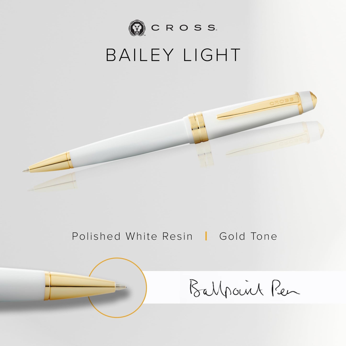 Cross Bailey Light White & Gold Tone Ballpoint Pen, Medium Point, Black Ink.