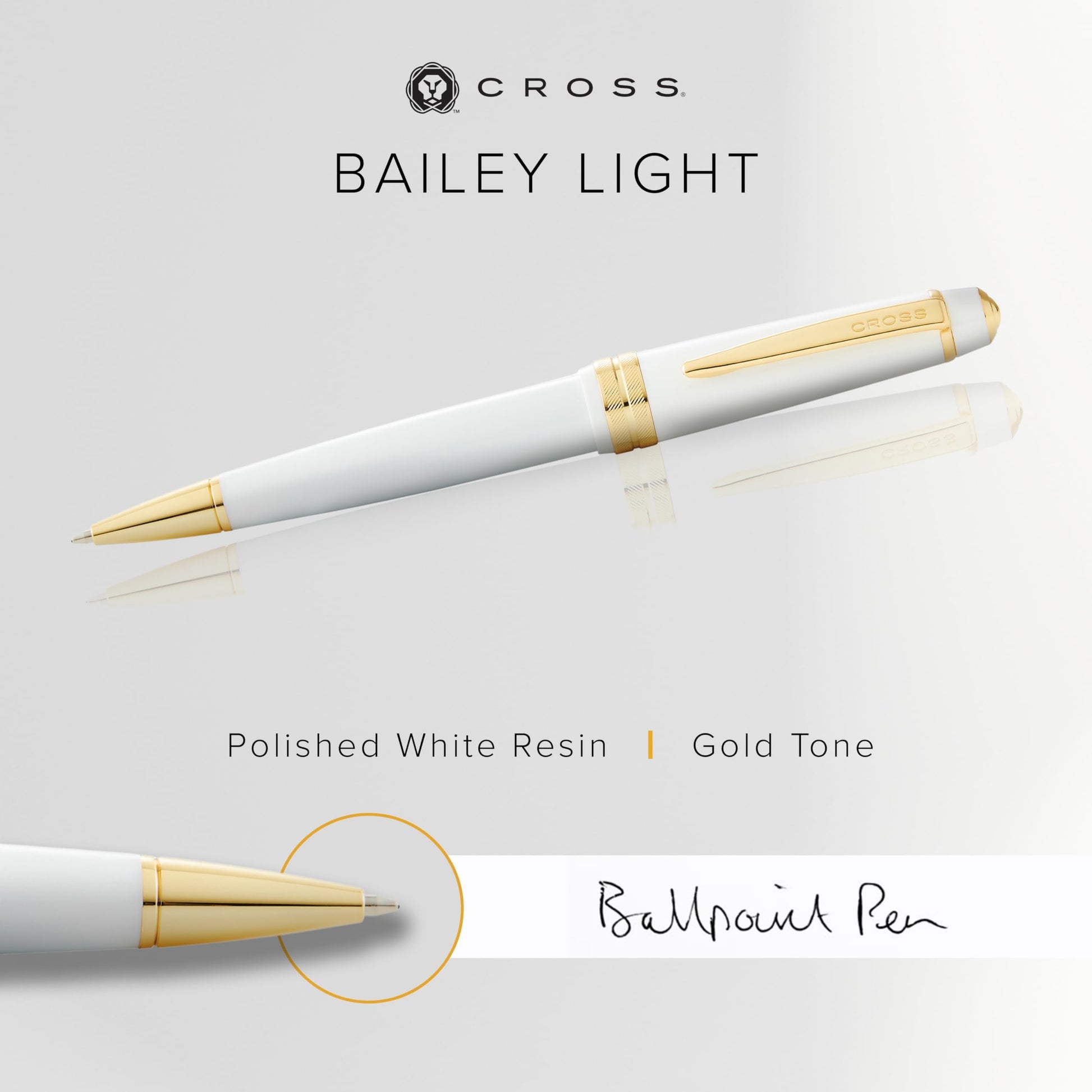 Cross Bailey Light White & Gold Tone Ballpoint Pen, Medium Point, Black Ink.