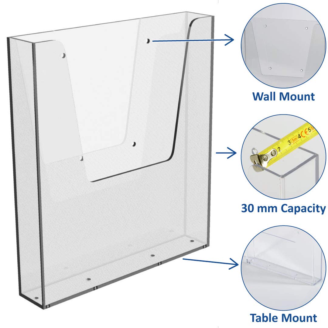 Europel Wall Mounted Brochure Holder | for A4 Size | Crystal Clear Acrylic Literature Stand &