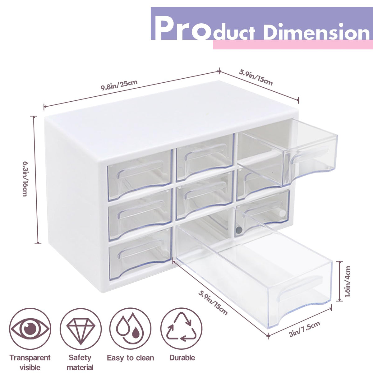 FODIENS Stackable Desk Organizer with 9 Drawers, Clear Storage Box, White