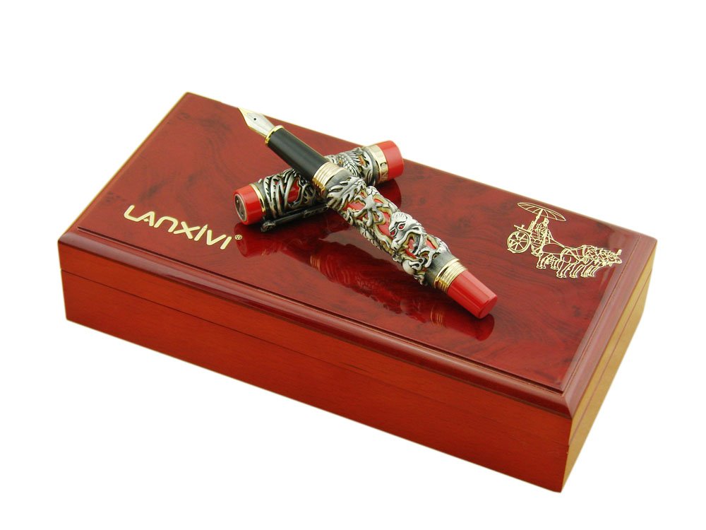 Jinhao Dragon Phoenix 3D Embossment Gray Red Fountain Pen Fine Nib Chinese Ruyi Clip Wooden Gift Box