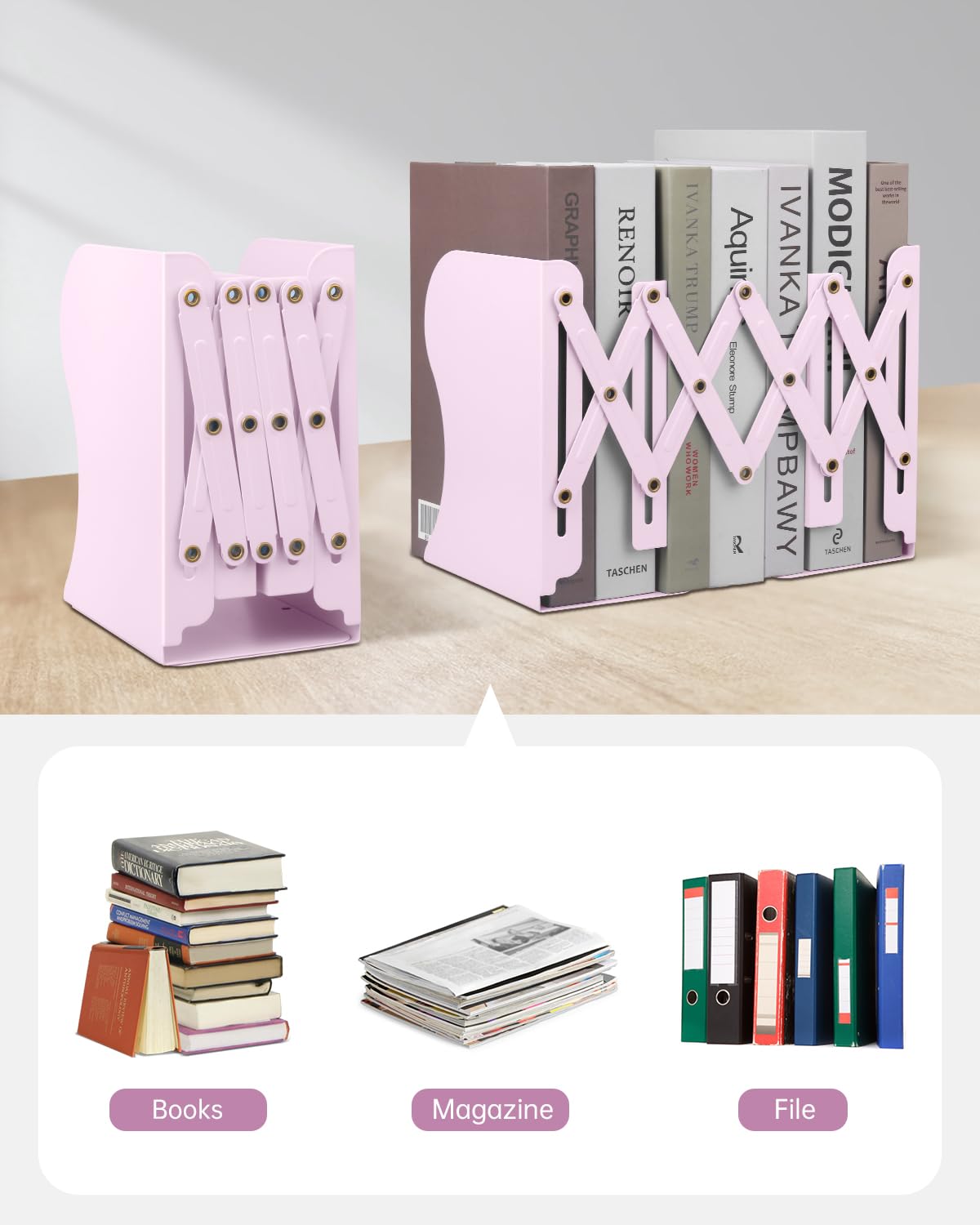 Honagu Adjustable Bookends, Metal Book Ends for Shelves Heavy Book, Desk Magazine File Organizer