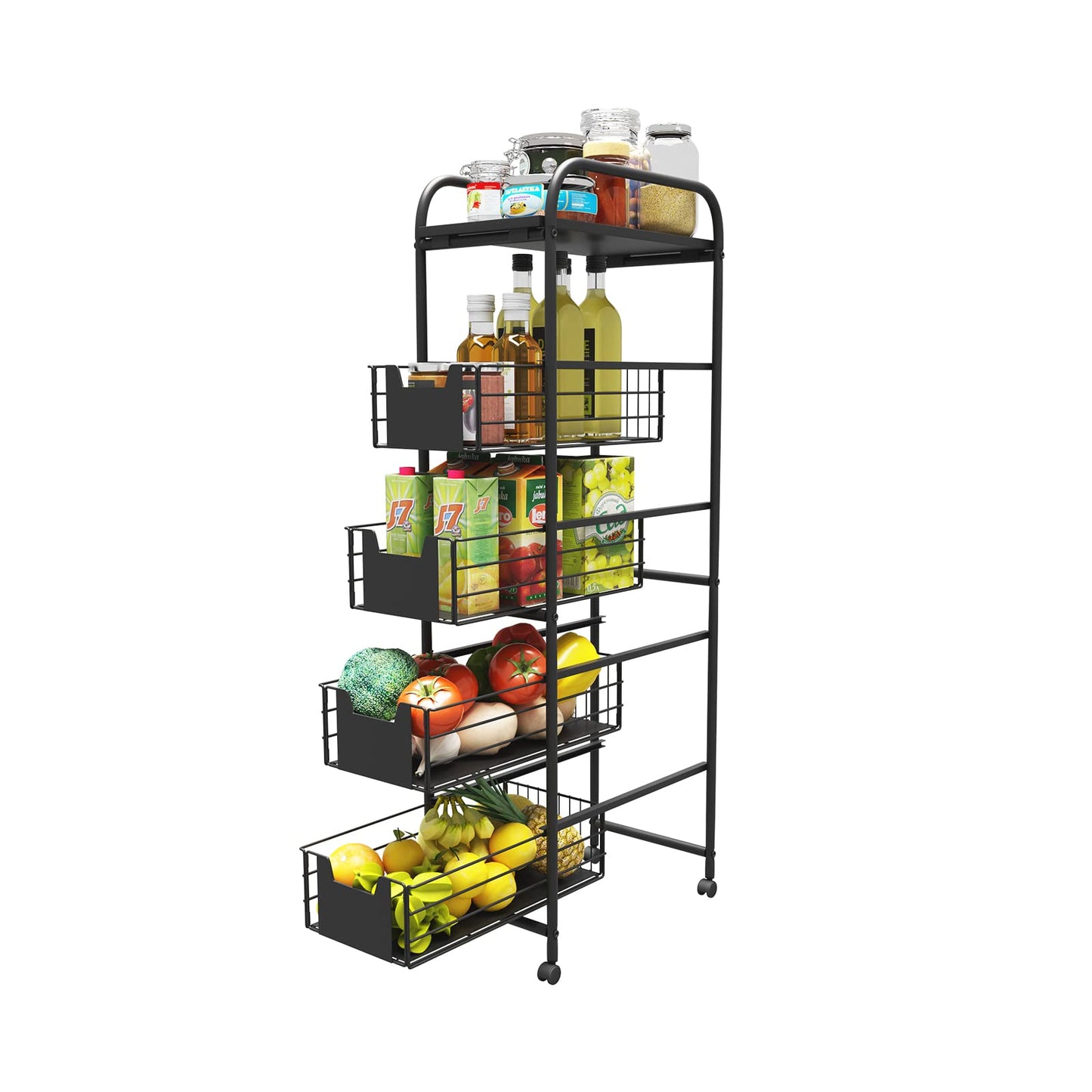 WHIFEA 5 Tier Slim Rolling Cart with Pull-Out Drawers, Multi-Layer Narrow Storage Shelf Organizer