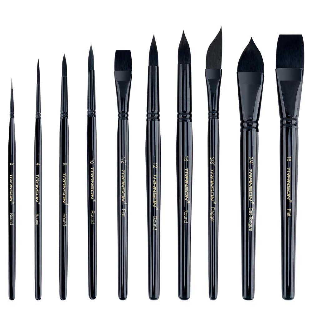 Transon 10pcs Natural Watercolor Paint Brush Set Professional for Watercolor Acrylic Ink Gouache