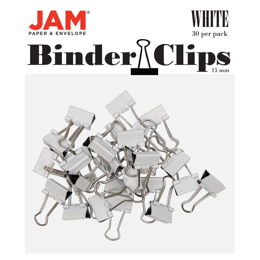 JAM PAPER Colorful Binder Clips - Extra Small - 3/5 Inch (15 mm) - White Binderclips - 30/Pack