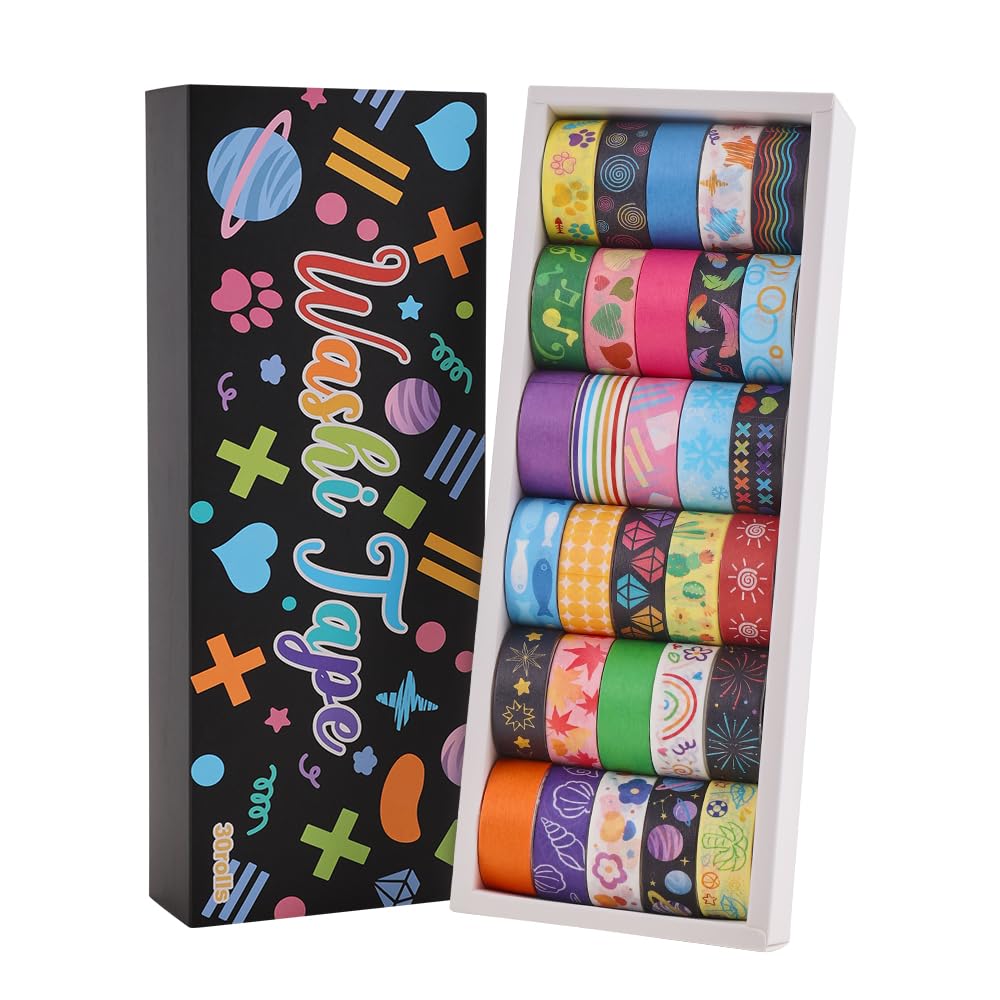 icceemee 30 Rolls Colorful Theme Washi Tape Set with Different Colorful Patterns, Writable