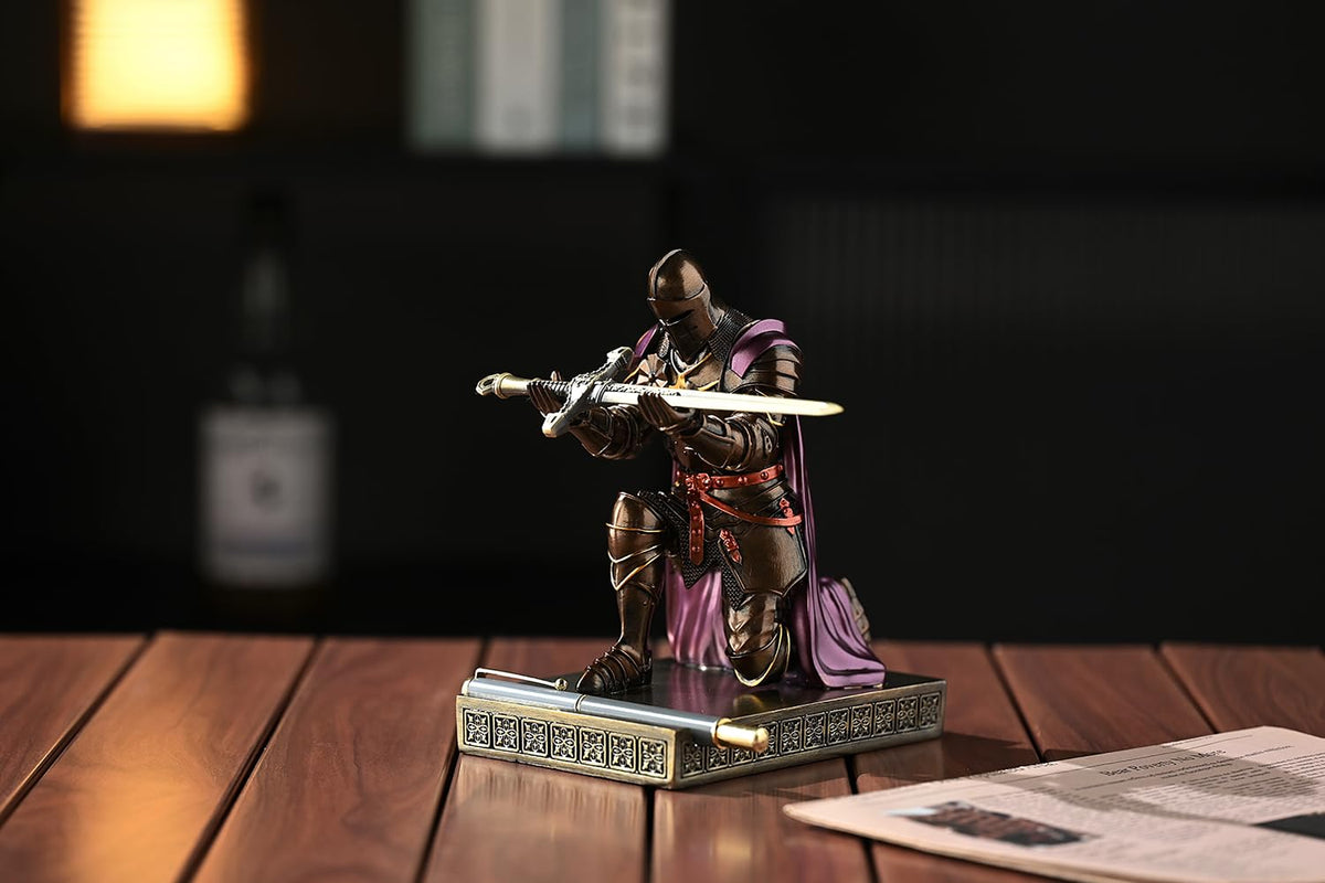 Medieval Armored Knight Pen Holder Figurine Paperweight Phone Stand Brn&Pur