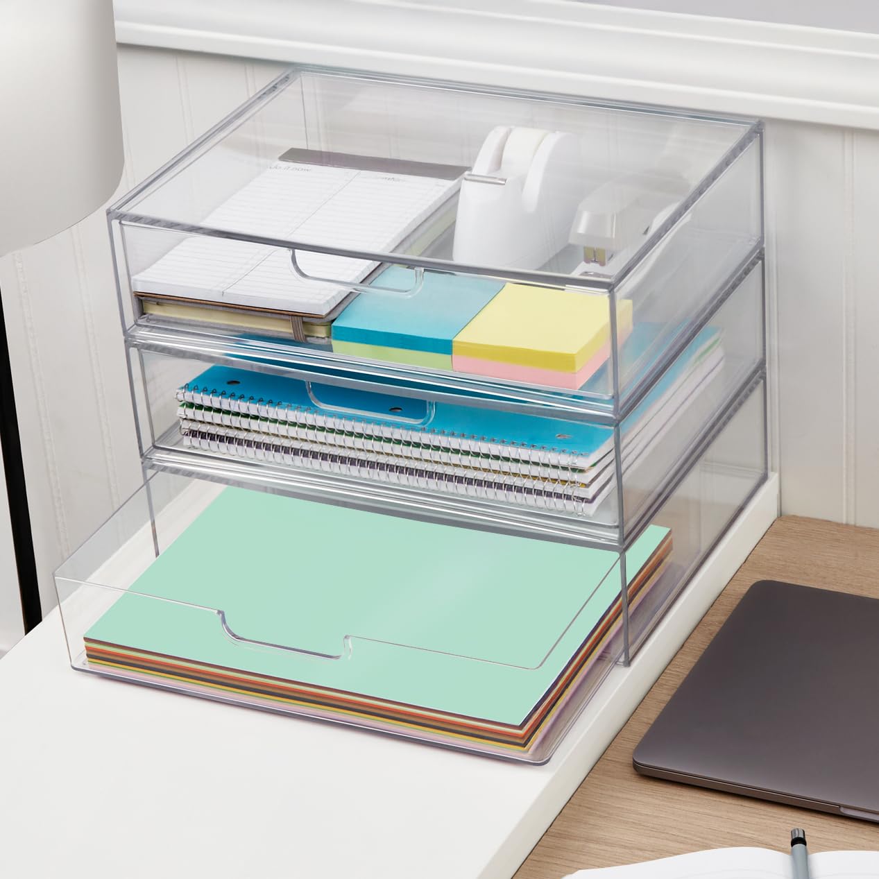 STORi STAX Plastic Stackable Organizer Drawer in Clear | 12.5-inches Wide | Organize Office Desk