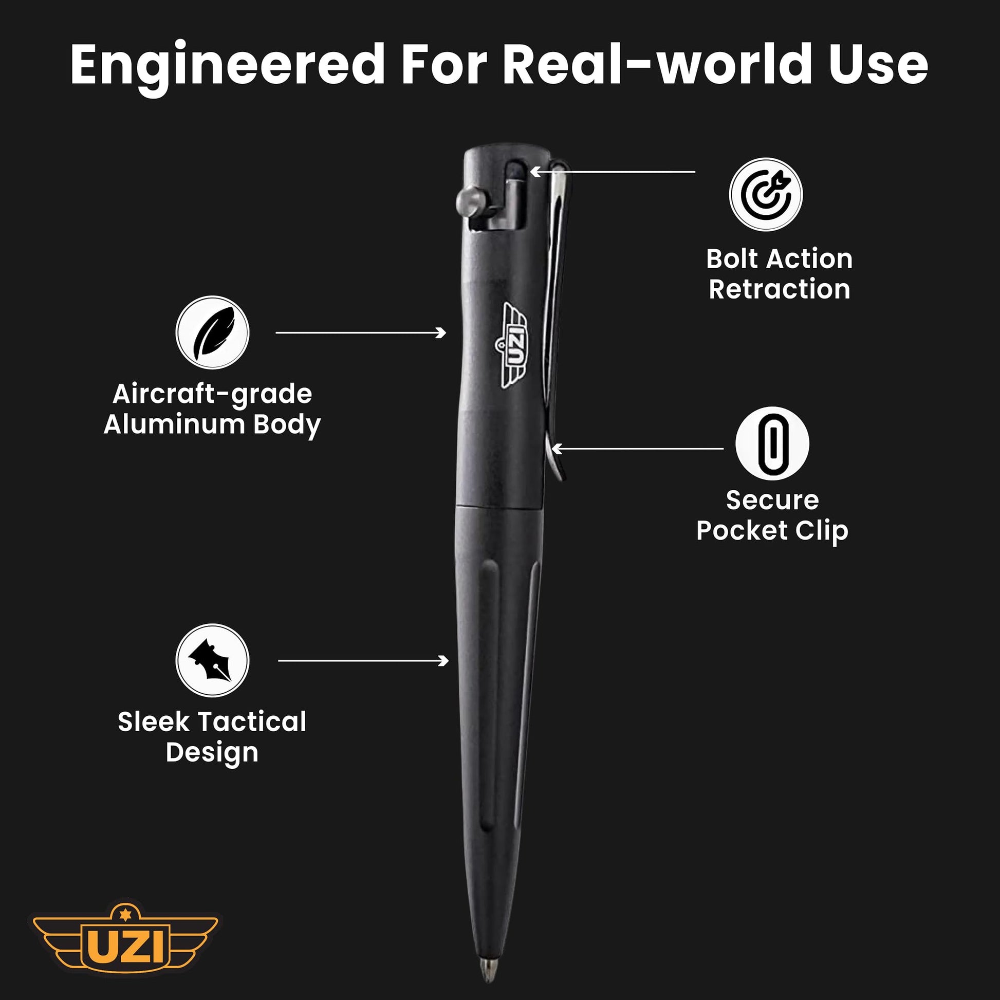 UZI Tactical Bolt Action Pen, Ultra Durable Aircraft Aluminum (UZI-Tacpen15-GM) Ballpoint Writing