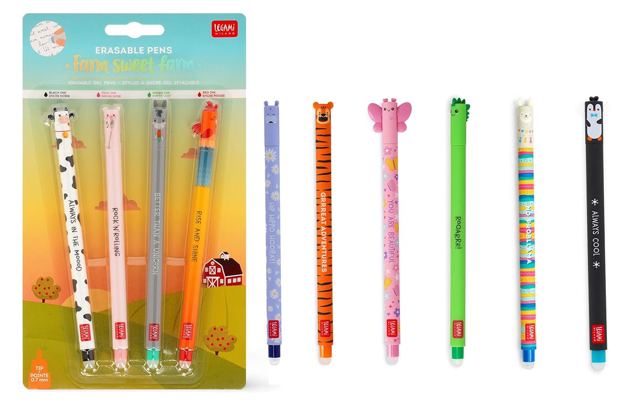 LEGAMI Set of 10 Erasable Gel Pens Farm Set + Hippo, Tiger, Butterfly, Dino, Llama and Penguin
