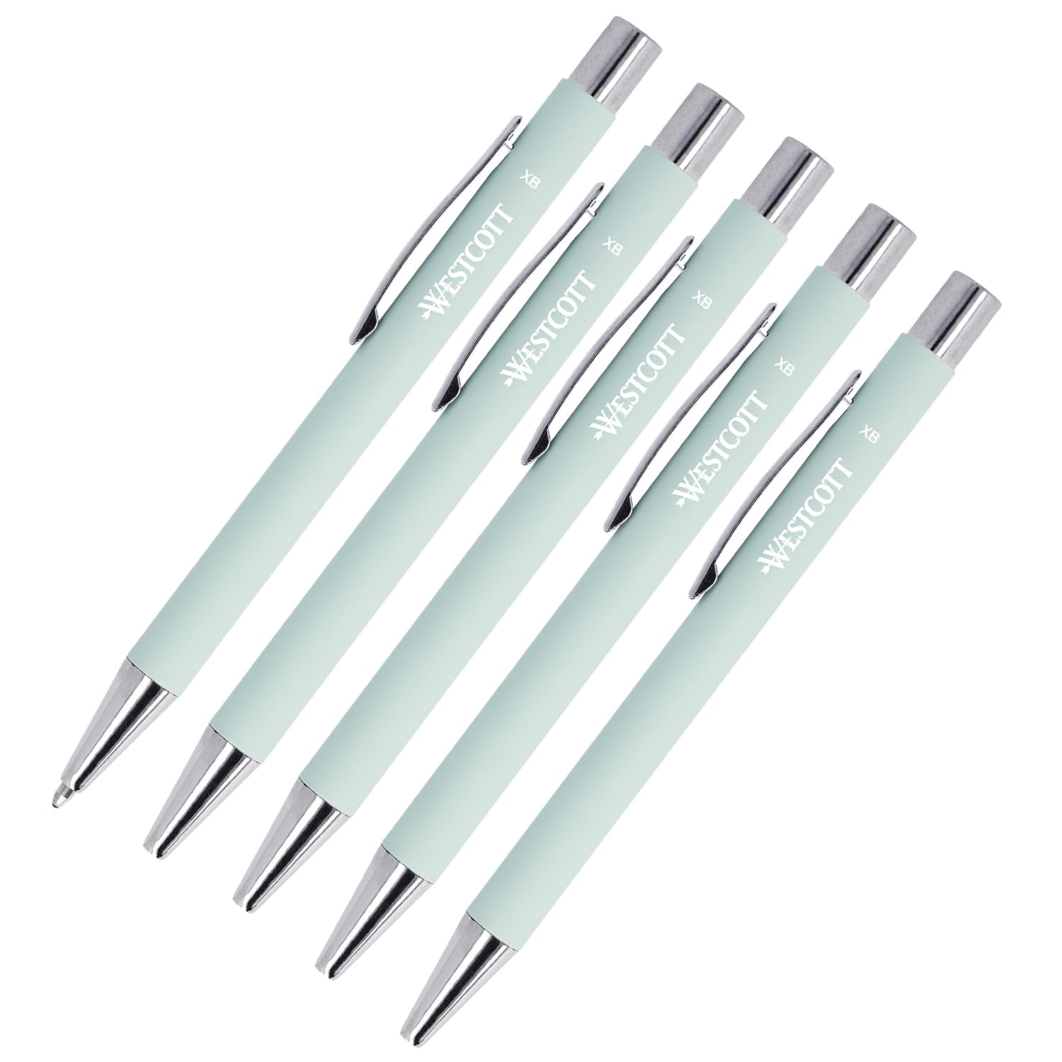 Westcott Premium Ballpoint Pen, Set of 5, Mint Coloured Ballpoint Pens Made of Aluminium, Document