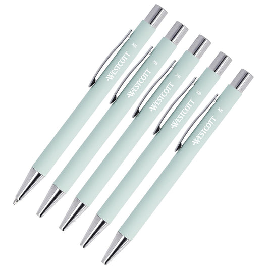 Westcott Premium Ballpoint Pen, Set of 5, Mint Coloured Ballpoint Pens Made of Aluminium, Document