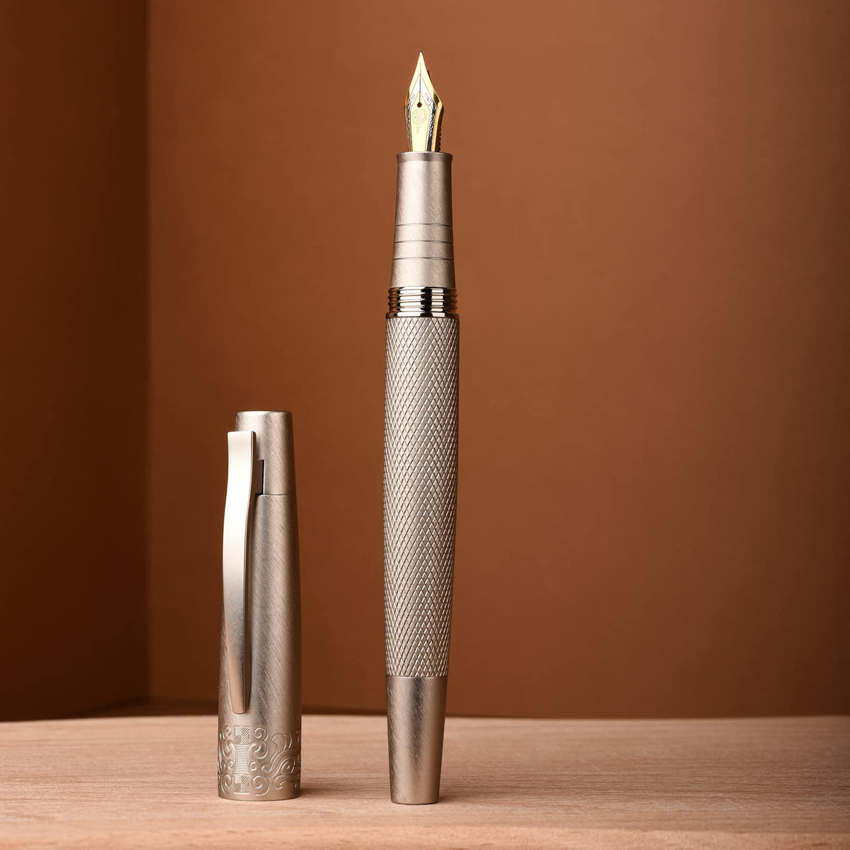 Hongdian 6013 Silver General Fountain Pen, Iridium Gold-silver Fude Nib Solid Metal Writing Pen