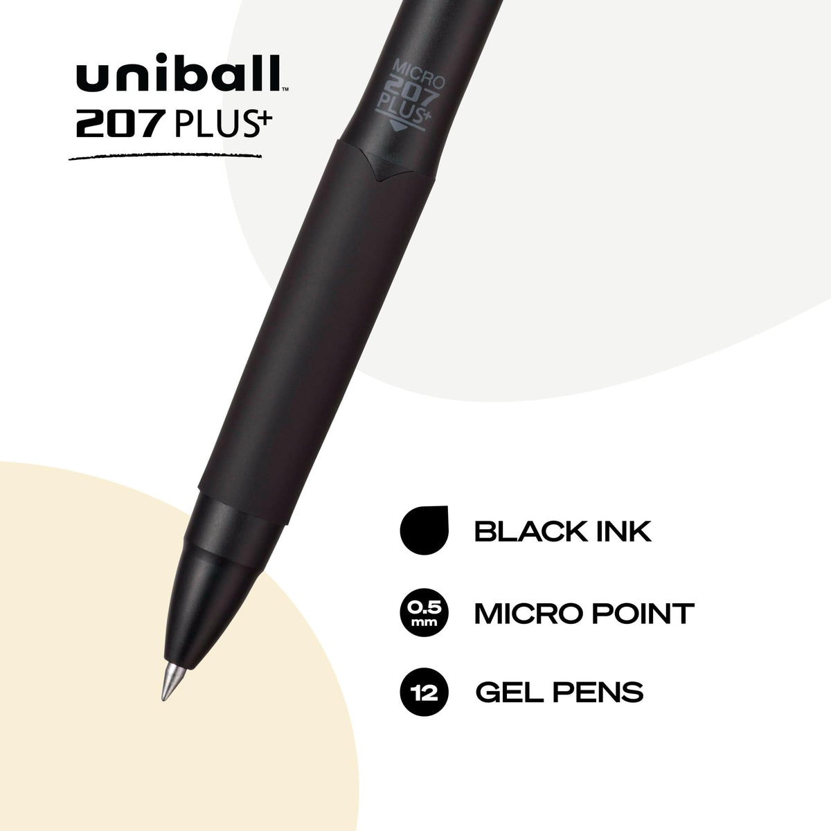 uniball™ 207 Plus+ Gel Pens, Black Ink, 0.5mm Micro Point, 12 Count