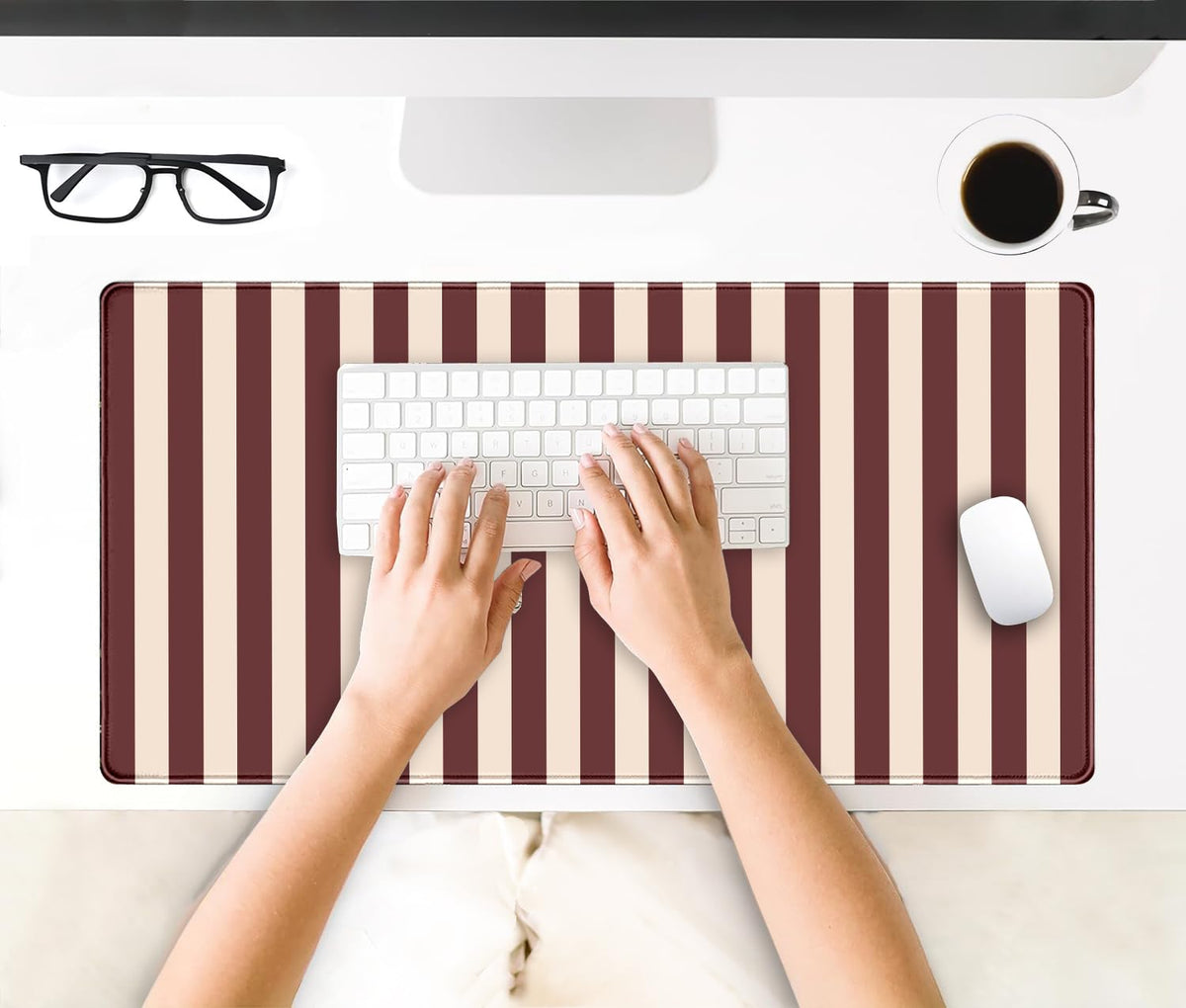 Maroon Beige Striped Desk Mat Cute Pastel XXL Large Gaming Mouse Pad Desk Pad Kawaii Cozy Aesthetic