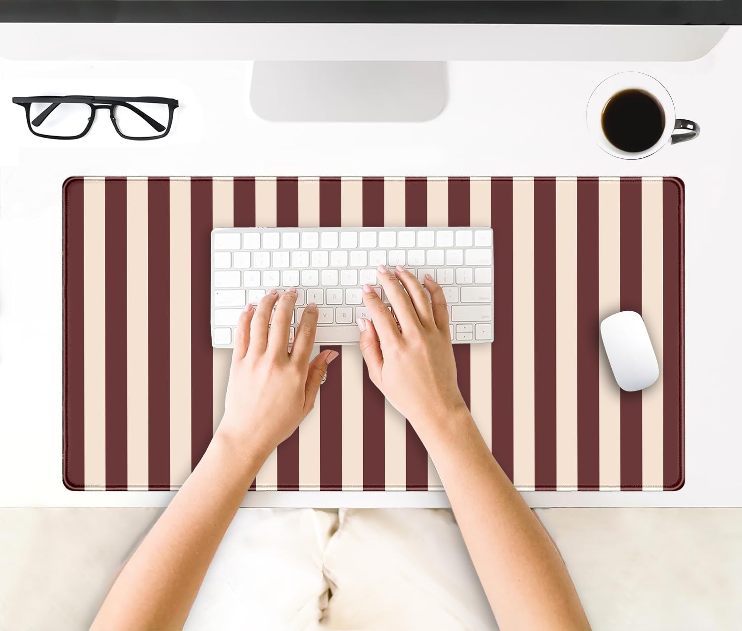 Maroon Beige Striped Desk Mat Cute Pastel XXL Large Gaming Mouse Pad Desk Pad Kawaii Cozy Aesthetic
